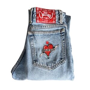 OUTLAW DENIM x VINTAGE High rise straight leg light wash rocker denim heart